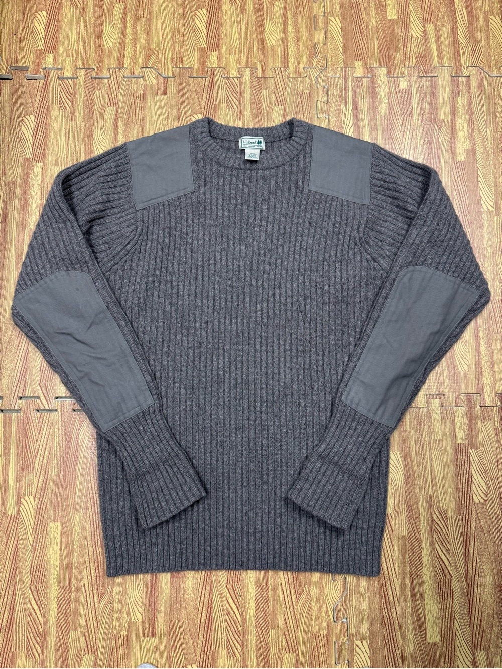 LL Bean Commando Merino Wool Sweater Elbow Patch Men’s Beige Knit Crew L Tall